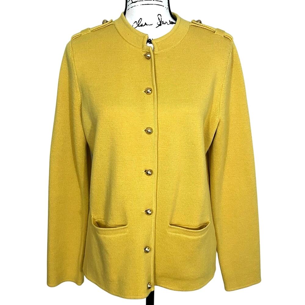 Talbots 100% Merino Wool Cardigan Sweater Military Band Jacket Mustard Womens M